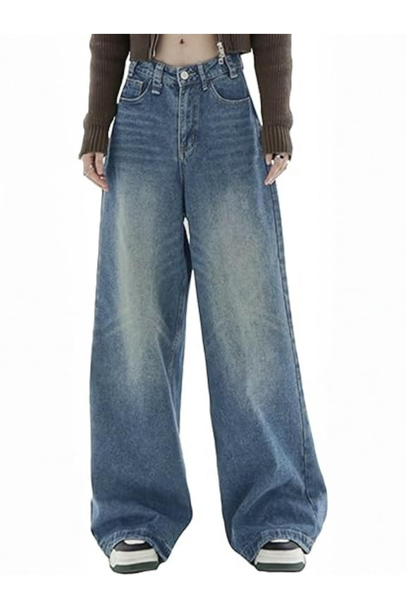 Wide Leg Jeans for Women Mid-Low Waist Baggy Boyfriend Jeans Y2K Vintage Denim Pants with Pockets