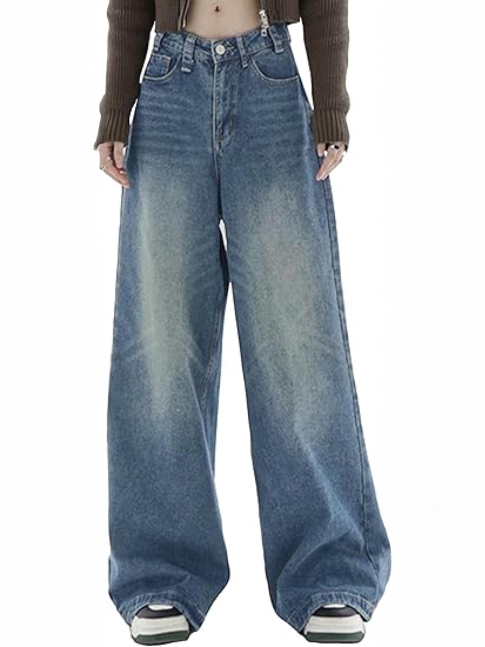 EMMIOL Wide Leg Jeans for Women Mid-Low Waist Baggy Boyfriends Jeans Y2K Vintage Denim Pants with Pockets