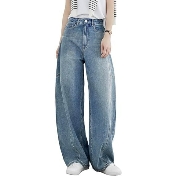 EMMIOL Women Hip Hop Baggy Jeans Wide Leg Mid-Low Waist Jeans Loose Boyfriends Jeans 90s Vintage Denim Pants Barrel Jeans