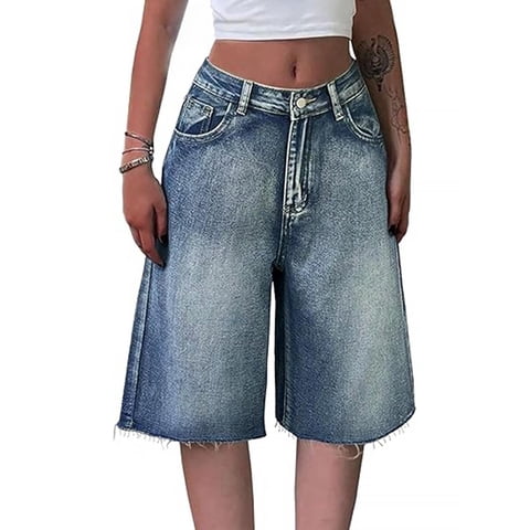 Women's Denim Shorts Y2K Vintage Jean Shorts Distressed Jorts Mid Waist Baggy Summer Streetwear