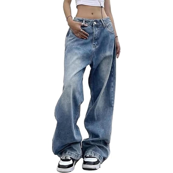 EMMIOL Women's Wide Leg Jeans Mid-Low Waist Baggy Jeans Vintage Y2K Loose Fit Jeans 90s Boyfriends Denim Pants