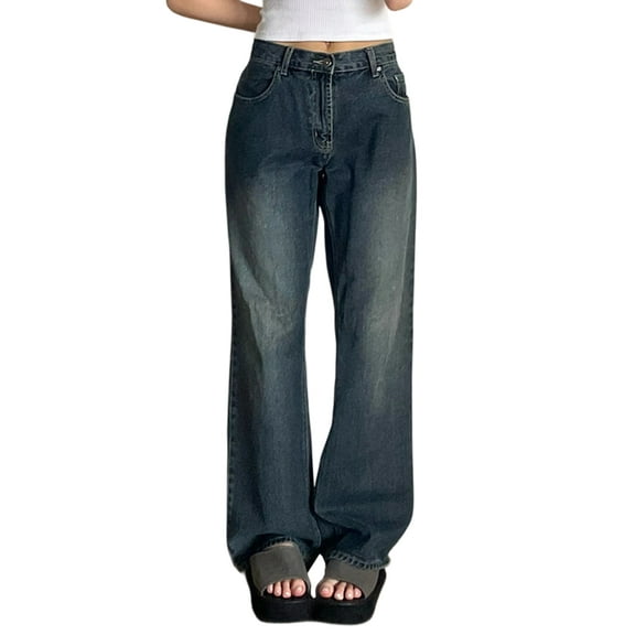EMMIOL Women's 90s Vintage Washed Denim Jeans Mid Waist Baggy Boyfriend Fit Wide Leg Pants
