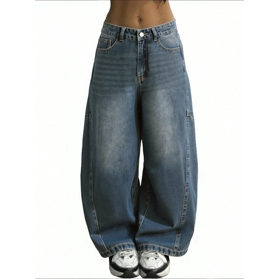 EMMIOL Women's Baggy Barrel Jeans Y2K Vintage Wide Leg Jeans Mid Waist 90s Hip Hop Boyfriend Fit Denim Pants