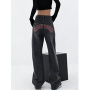 EMMIOL Womens NEW YORK Letter Print Baggy Boyfriend Jeans, High Rise Dark Wash Wide Leg Vintage Y2K Denim Pants Suitable for Independence Day