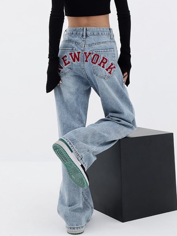Women's NEW YORK Letter Print Baggy Boyfriend Jeans, High Rise Dark Wash Wide Leg Vintage Y2K Denim Pants Suitable for Independence Day