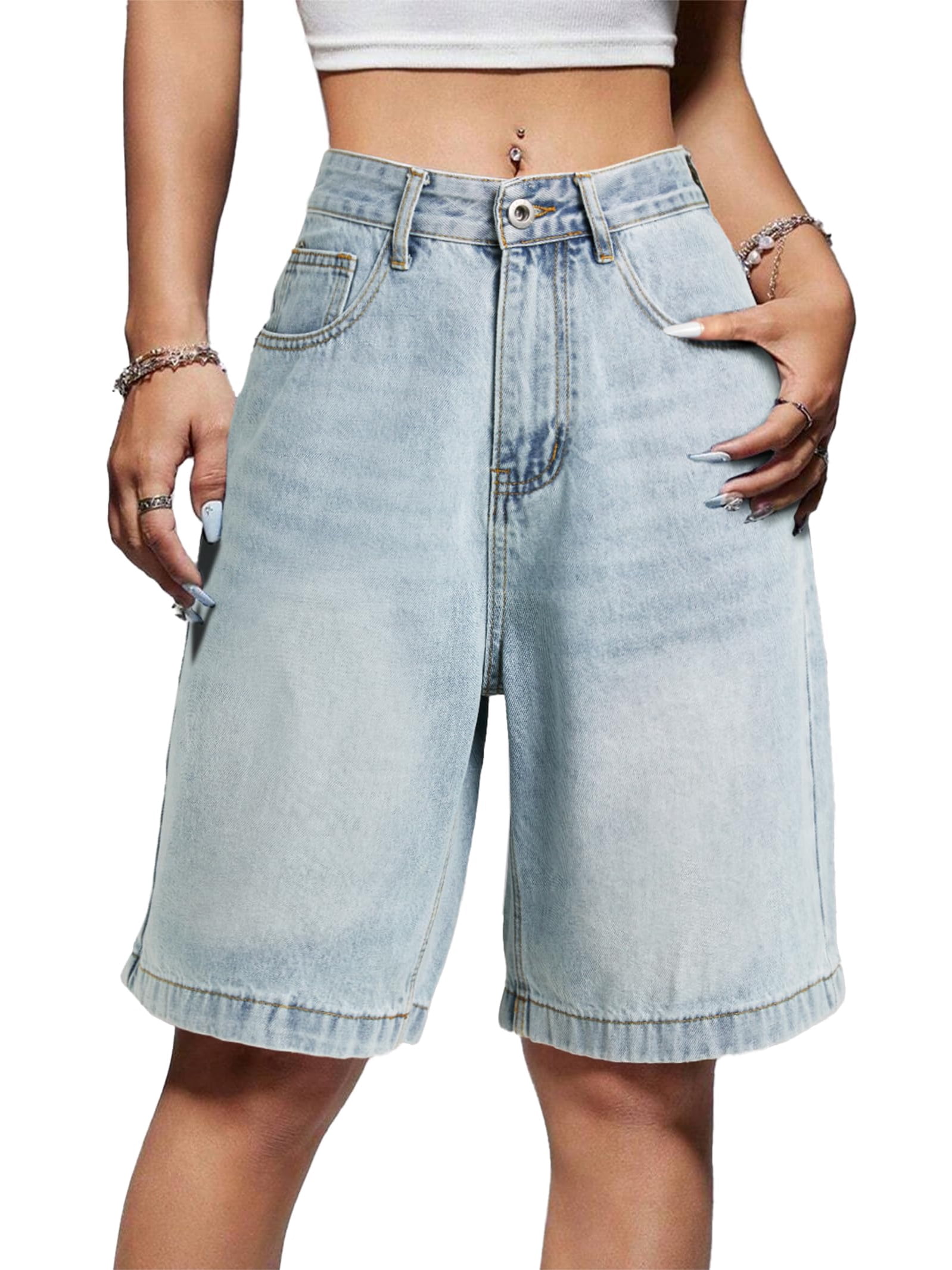 パンツ 90-00s SMOKE RISE Wide Baggy Jorts EMMIOL Women's Baggy Jeans Jorts Mid-Low Waisted Denim Y2K Hip-Hop