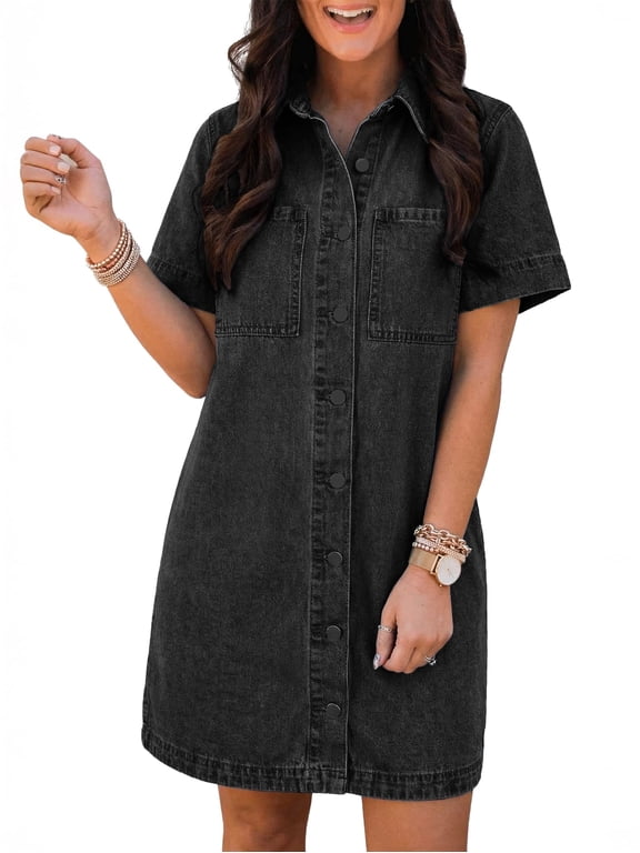 Women's Button Down Denim Dress Short Sleeve Babydoll Mini Jean Shirt Dress Fall Casual Trendy Outfit