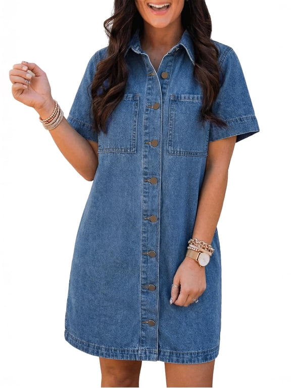 Women's Button Down Denim Dress Short Sleeve Babydoll Mini Jean Shirt Dress Fall Casual Trendy Outfit