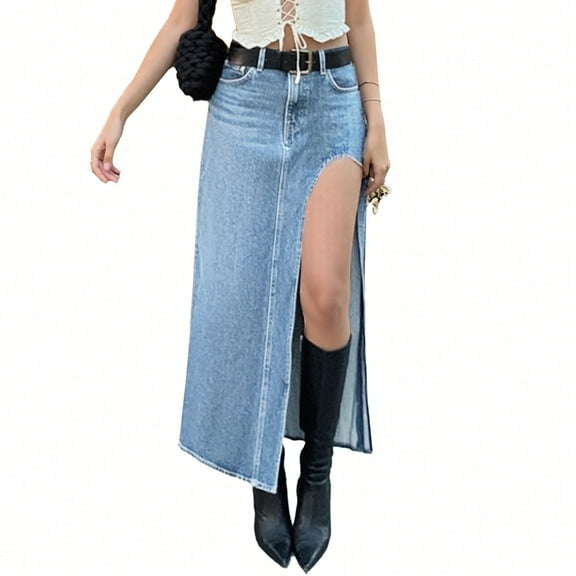 EMMIOL Women's Denim Maxi Skirt Side Slit High Waisted Sexy Long Jean Skirt 2025 Trendy Casual Going Out Bottoms