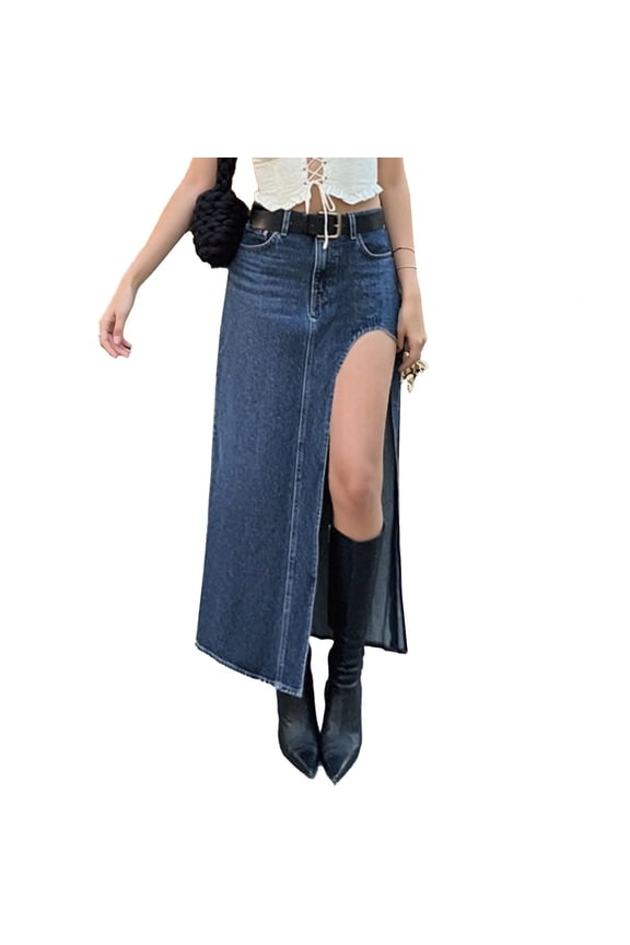 Women's Denim Maxi Skirt Side Slit High Waisted Sexy Long Jean Skirt 2026 Trendy Casual Going Out Bottoms