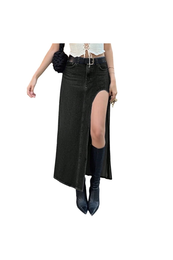 Women's Denim Maxi Skirt Side Slit High Waisted Sexy Long Jean Skirt 2026 Trendy Casual Going Out Bottoms