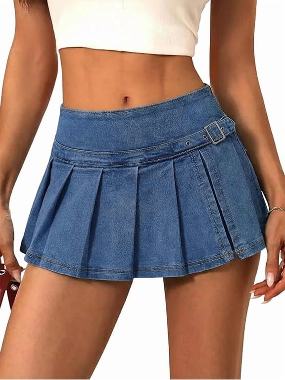Women's Denim Mini Skirt Mid-Low Waist Stretch Jean Skort Y2K Casual Skirt with Built-in Shorts & Side Zipper