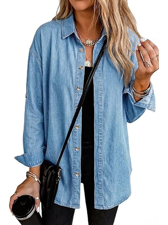 Women's Denim Shirt Long Sleeve Button Down Blouse Hidden Button Relaxed Fit Casual Versatile Top