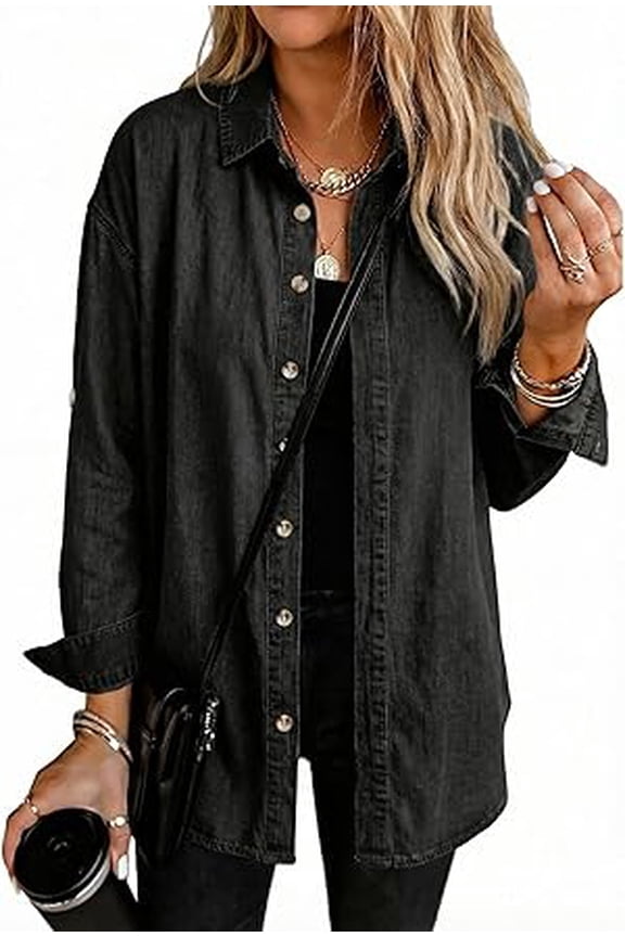 Women's Denim Shirt Long Sleeve Button Down Blouse Hidden Button Relaxed Fit Casual Versatile Top