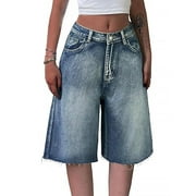 EMMIOL Womens Denim Shorts Y2K Vintage Jean Shorts Distressed Jorts Mid Waist Baggy Fall Streetwear