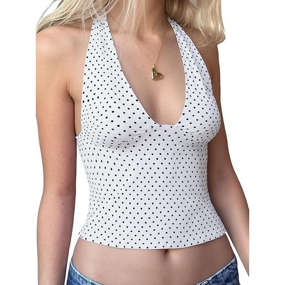 EMMIOL Women's Halter Deep V Backless Crop Tank Top Y2K Coquette Fall Going Out Top