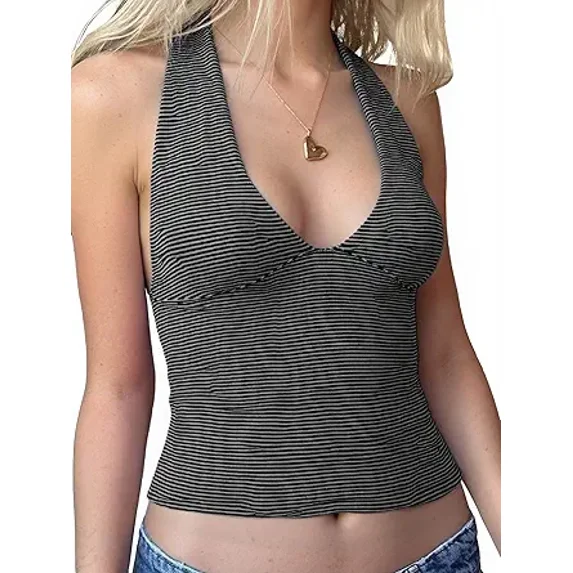 EMMIOL Women's Halter Deep V Backless Crop Tank Top Y2K Coquette Fall Going Out Top