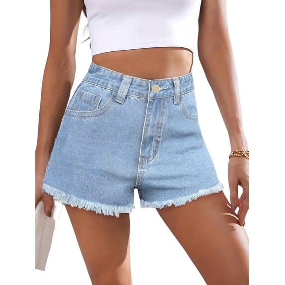 EMMIOL Women's High-Mid Waisted Stretch Denim Jean Shorts Frayed Raw Hem Solid Casual Boyfriend Y2K Curvy Jorts