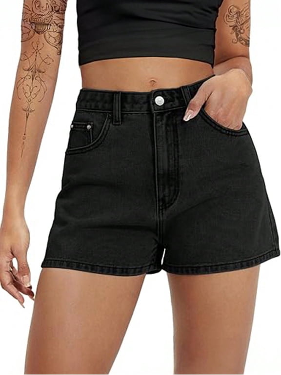 EMMIOL Women's High-Mid Waisted Stretchy Denim Shorts Basic Wash Solid Casual Boyfriend Y2K Jorts for Summer