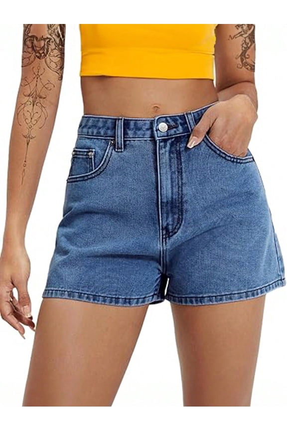 EMMIOL Women's High-Mid Waisted Stretchy Denim Shorts Basic Wash Solid Casual Boyfriend Y2K Jorts for Summer