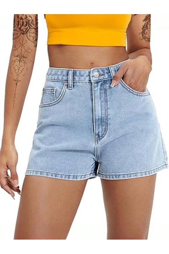EMMIOL Women's High-Mid Waisted Stretchy Denim Shorts Basic Wash Solid Casual Boyfriend Y2K Jorts for Summer
