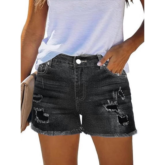EMMIOL Women's High Waisted Rolled Denim Shorts Casual Ripped Summer Hot Shorts with Pockets Frayed Distressed Style