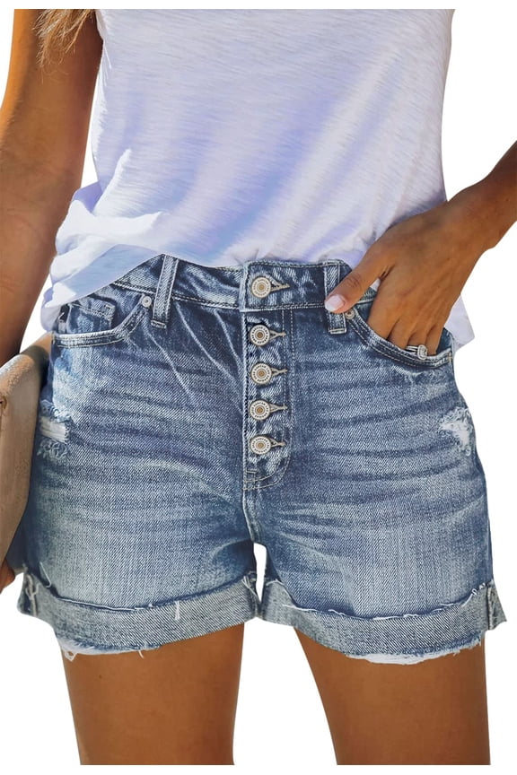 Women's High Waisted Rolled Denim Shorts Casual Ripped Summer Hot Shorts with Pockets Frayed Distressed Style