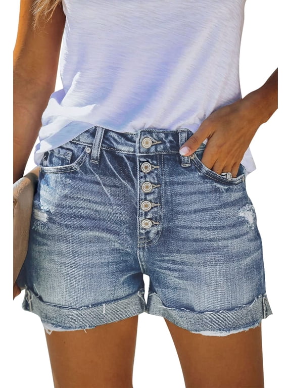 Women's High Waisted Rolled Denim Shorts Casual Ripped Fall Hot Shorts with Pockets Frayed Distressed Style