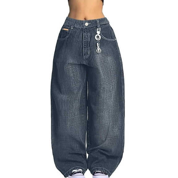 EMMIOL Women's Hip Hop Baggy Jeans Wide Leg Mid-Low Waist Jeans Loose Boyfriends Pants 90s Vintage Denim Pants