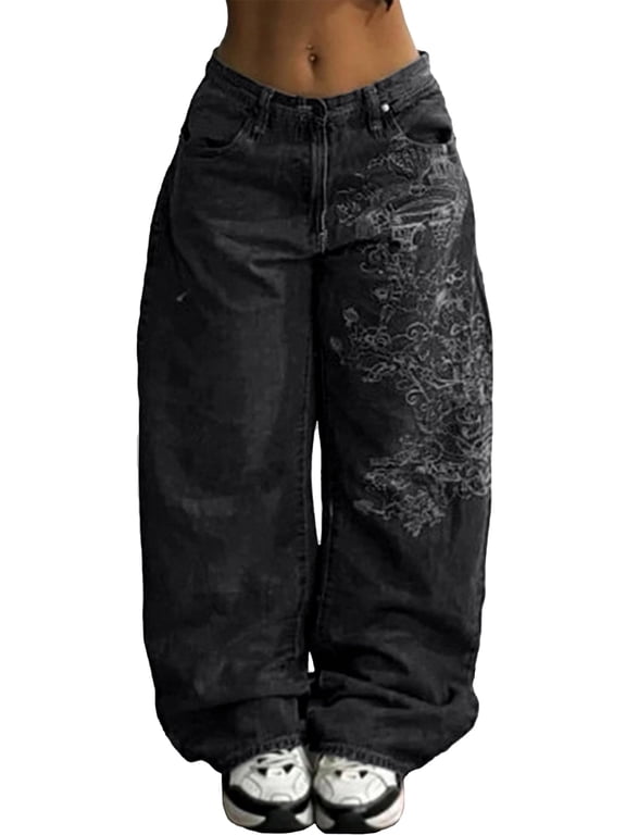 Women's Hip Hop Baggy Jeans Wide Leg Mid-Low Waist Jeans Loose Boyfriends Pants 90s Vintage Denim Pants