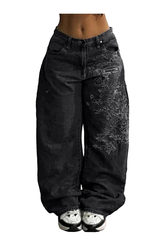 Women's Hip Hop Baggy Jeans Wide Leg Mid-Low Waist Jeans Loose Boyfriends Pants 90s Vintage Denim Pants