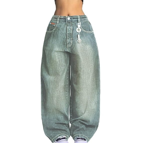 EMMIOL Women's Hip Hop Baggy Jeans Wide Leg Mid-Low Waist Jeans Loose Boyfriends Pants 90s Vintage Denim Pants