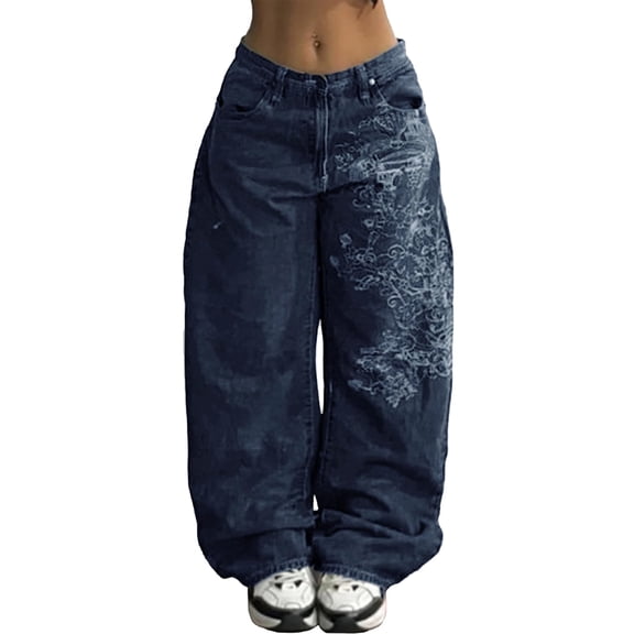 EMMIOL Women's Hip Hop Baggy Jeans Wide Leg Mid-Low Waist Jeans Loose Boyfriends Pants 90s Vintage Denim Pants