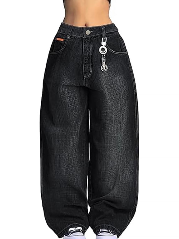 Women's Baggy Barrel Jeans Y2K Vintage Wide Leg Jeans Mid Waist 90s Hip Hop Boyfriend Fit Denim Pants