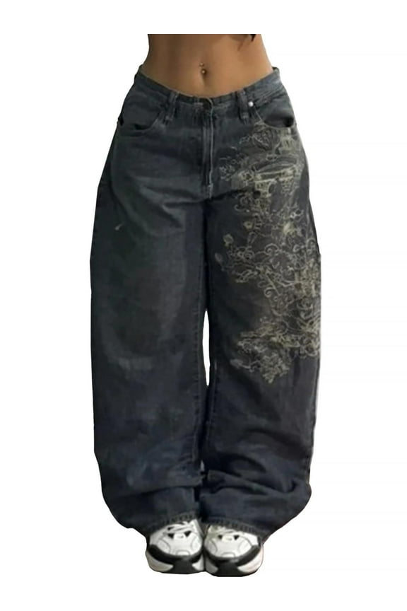 Women's Baggy Barrel Jeans Y2K Vintage Wide Leg Jeans Mid Waist 90s Hip Hop Boyfriend Fit Denim Pants