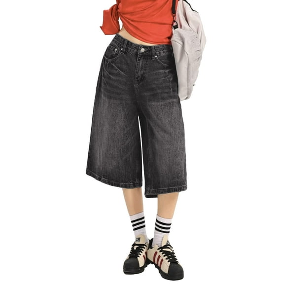 EMMIOL Women's Jean Shorts Y2K Mid Waist Baggy Wide Leg Denim Shorts,Distressed Jorts for Summer Streetwear