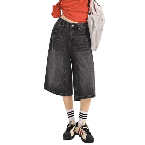 Women's Jean Shorts Y2K Mid Waist Baggy Wide Leg Denim Shorts,Distressed Jorts for Fall Streetwear