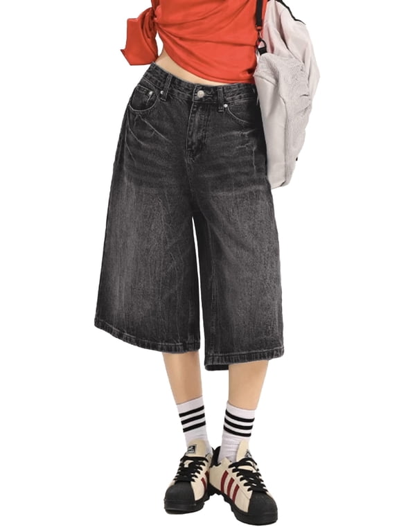Women's Jean Shorts Y2K Mid Waist Baggy Wide Leg Denim Shorts,Distressed Jorts for Fall Streetwear