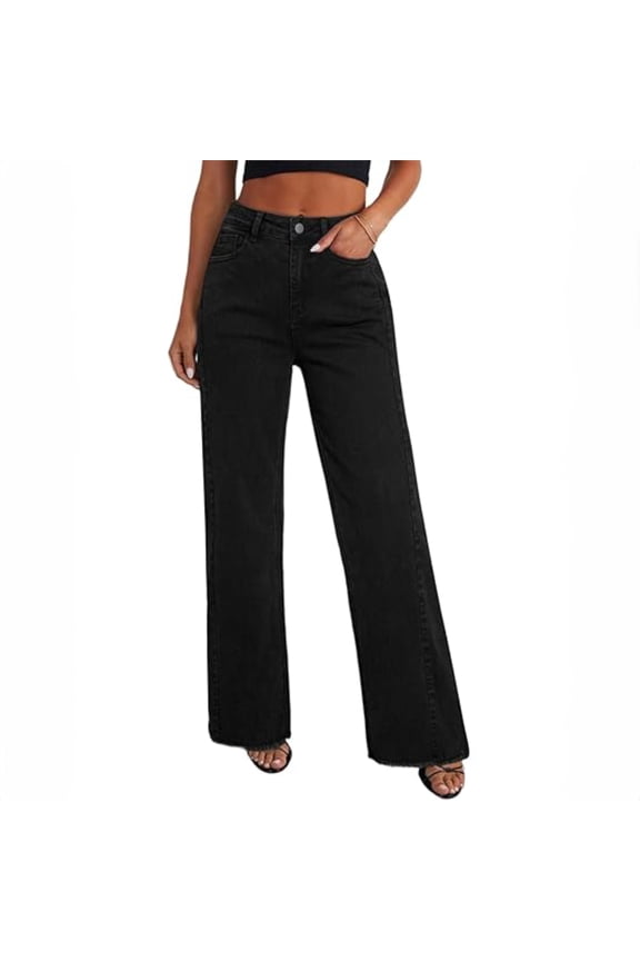 Women's Light Blue Mid Waist Wide Leg Jeans Stretchy Comfort Fit Jeans Distressed Denim Pants