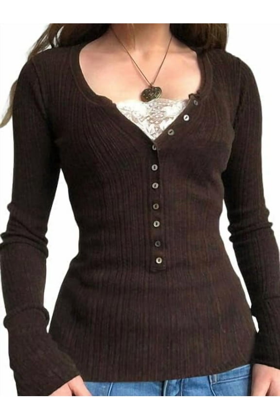 Women's Lightweight V-Neck Lace Trim Button Up Cardigan Long Sleeve Ribbed Knit Slim Fit Top