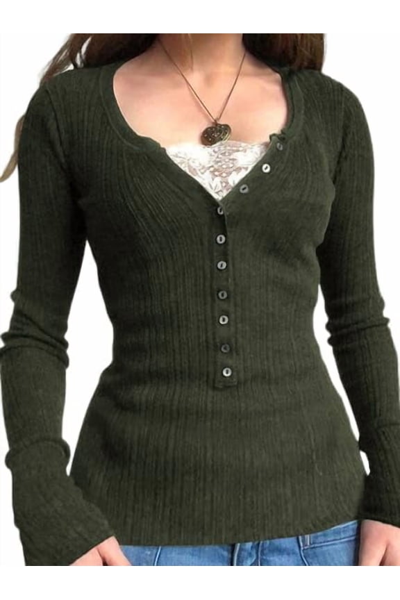 Women's Lightweight V-Neck Lace Trim Button Up Cardigan Long Sleeve Ribbed Knit Slim Fit Top