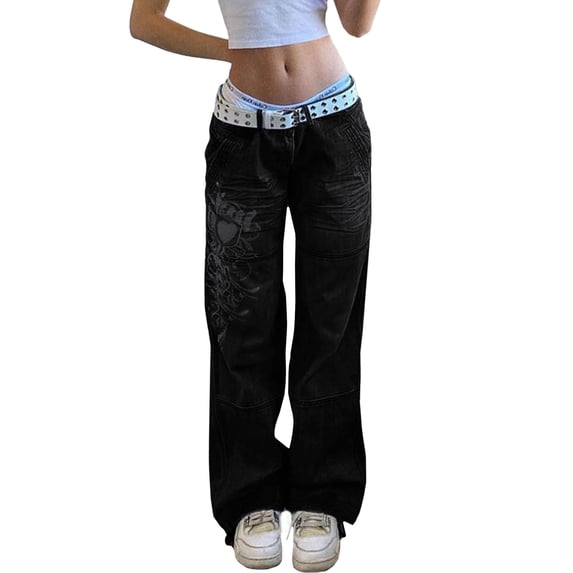 EMMIOL Women's Low Rise Cargo Jeans - Y2K Wide-Leg Baggy Denim Pants with Heart Pattern