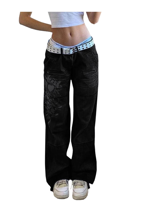 Women's Low Rise Cargo Jeans - Y2K Wide-Leg Baggy Denim Pants with Heart Pattern