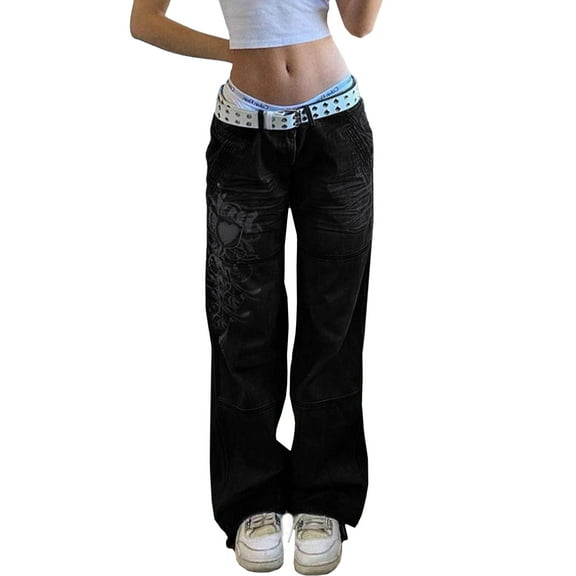 EMMIOL Women's Low Rise Cargo Jeans - Y2K Wide-Leg Baggy Denim Pants with Heart Pattern