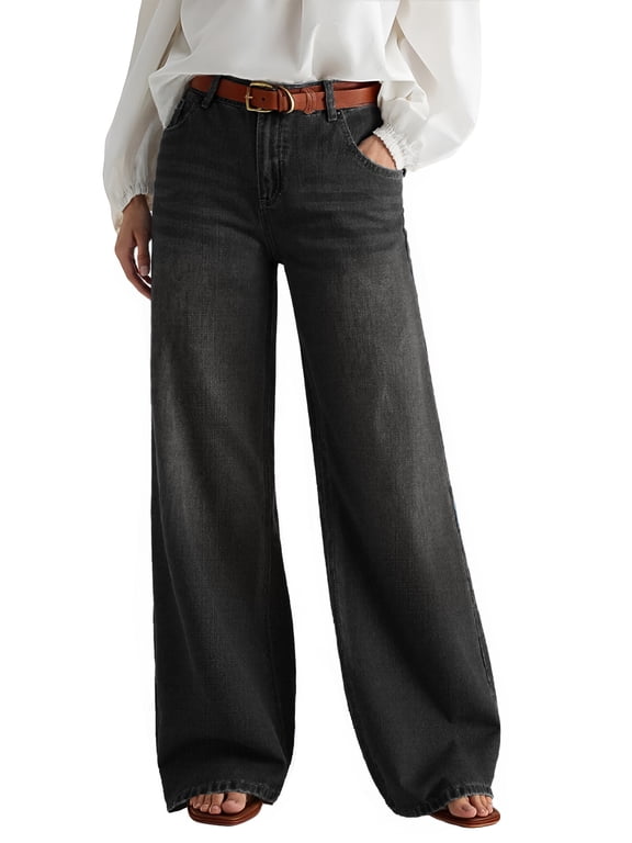 EMMIOL Women's Mid High Rise Wide Leg Baggy Jeans Y2K Boyfriend Denim Pants with Pockets
