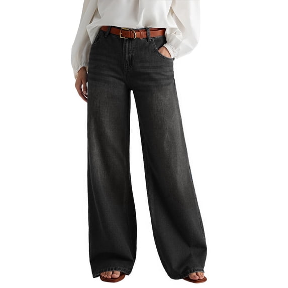 EMMIOL Women's Mid High Rise Wide Leg Baggy Jeans Y2K Boyfriend Denim Pants with Pockets