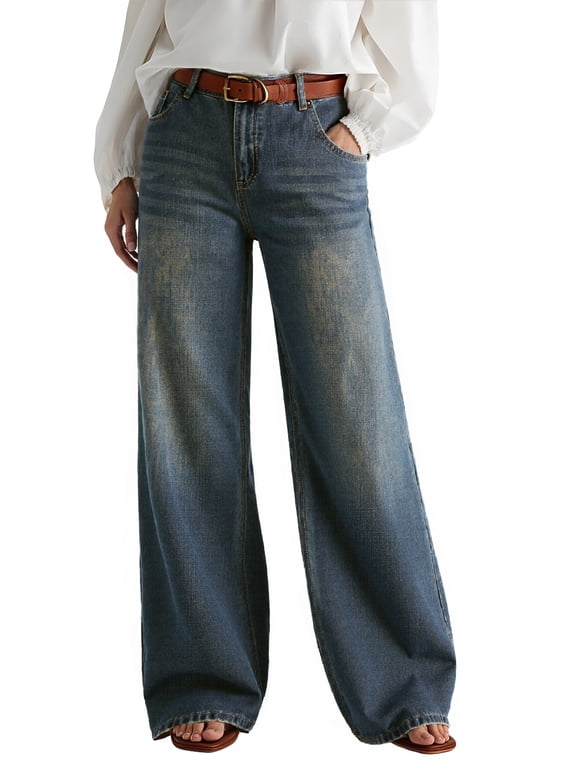 EMMIOL Women's Mid High Rise Wide Leg Baggy Jeans Y2K Boyfriend Denim Pants with Pockets