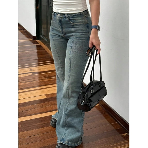 EMMIOL Women's Mid-High Waist Stretchy Flare Bell Bottoms Jeans Y2K Vintage Washed Bootcut Denim Pants for Casual,Streetwear