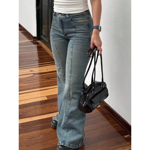 EMMIOL Women's Mid-High Waist Stretchy Flare Bell Bottoms Jeans Y2K Vintage Washed Bootcut Denim Pants for Casual,Streetwear