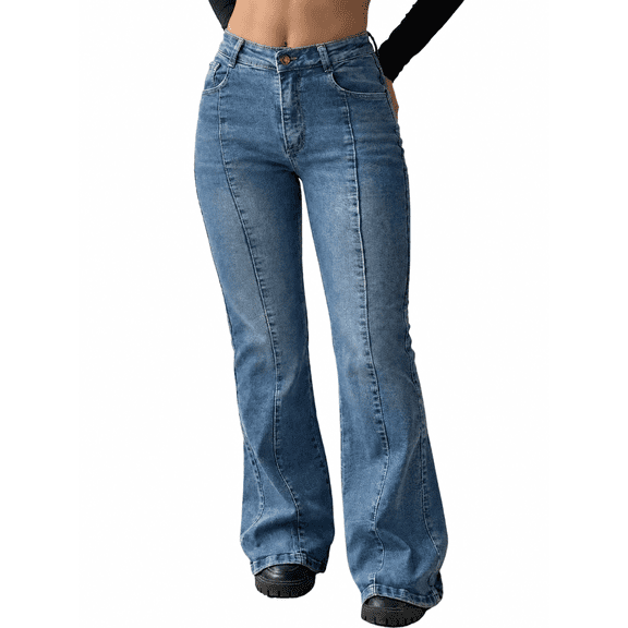 EMMIOL Women's Mid-High Waist Stretchy Flare Bell Bottoms Jeans Y2K Vintage Washed Bootcut Denim Pants for Casual,Streetwear